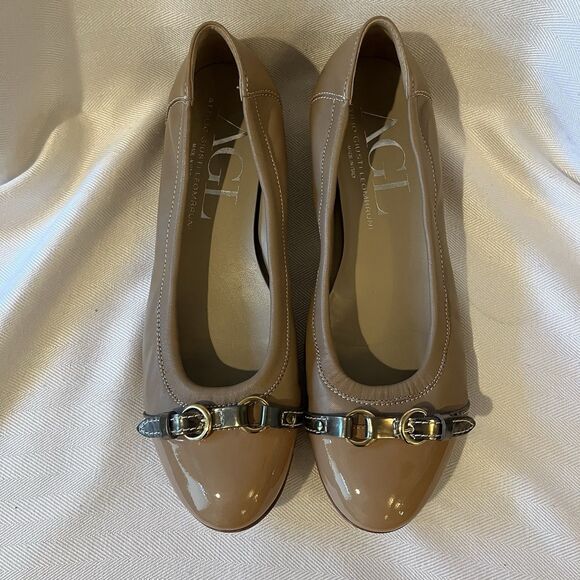 AGL Ballet Flats Patent Leather Monika Cap Toe Basi-Ghib-Gold Beige EU 39 US 9 - Picture 2 of 16